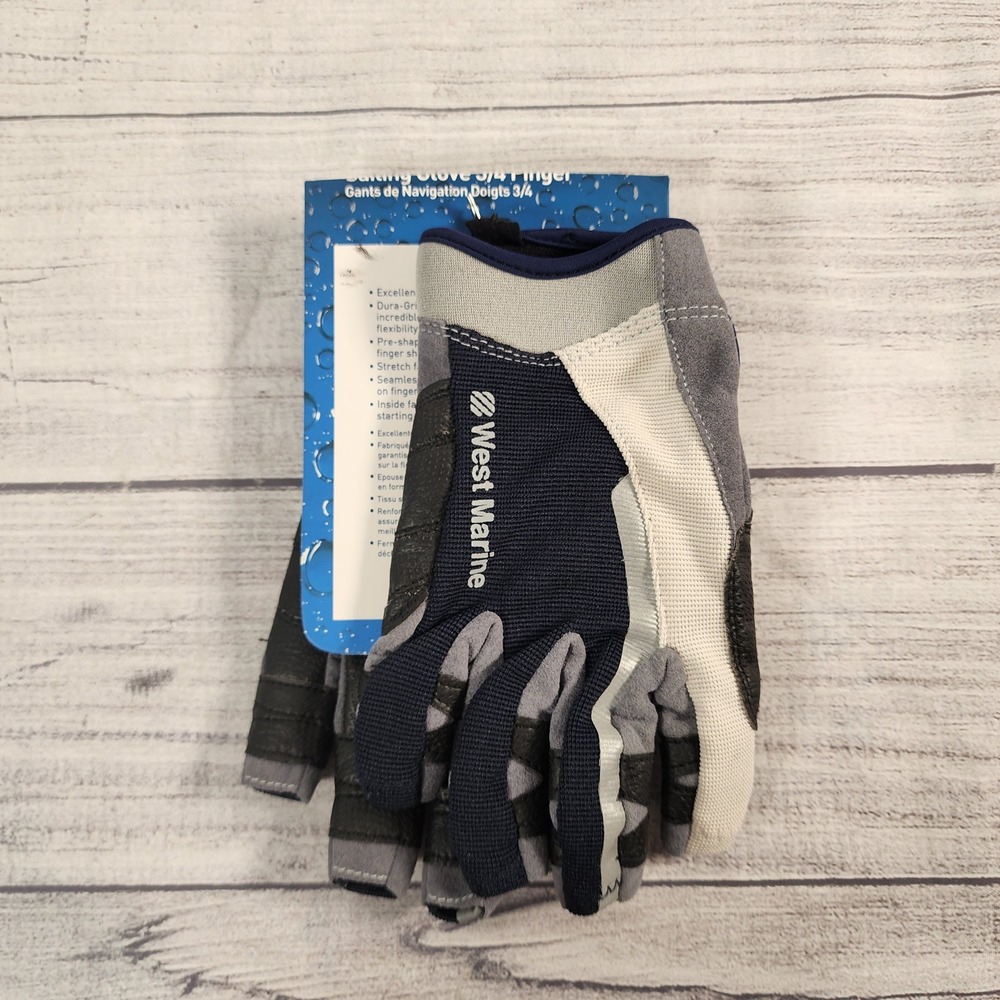 West Marine Mens 3/4 Finger Sailing Gloves Navy Grey Size S 11657772 NWT